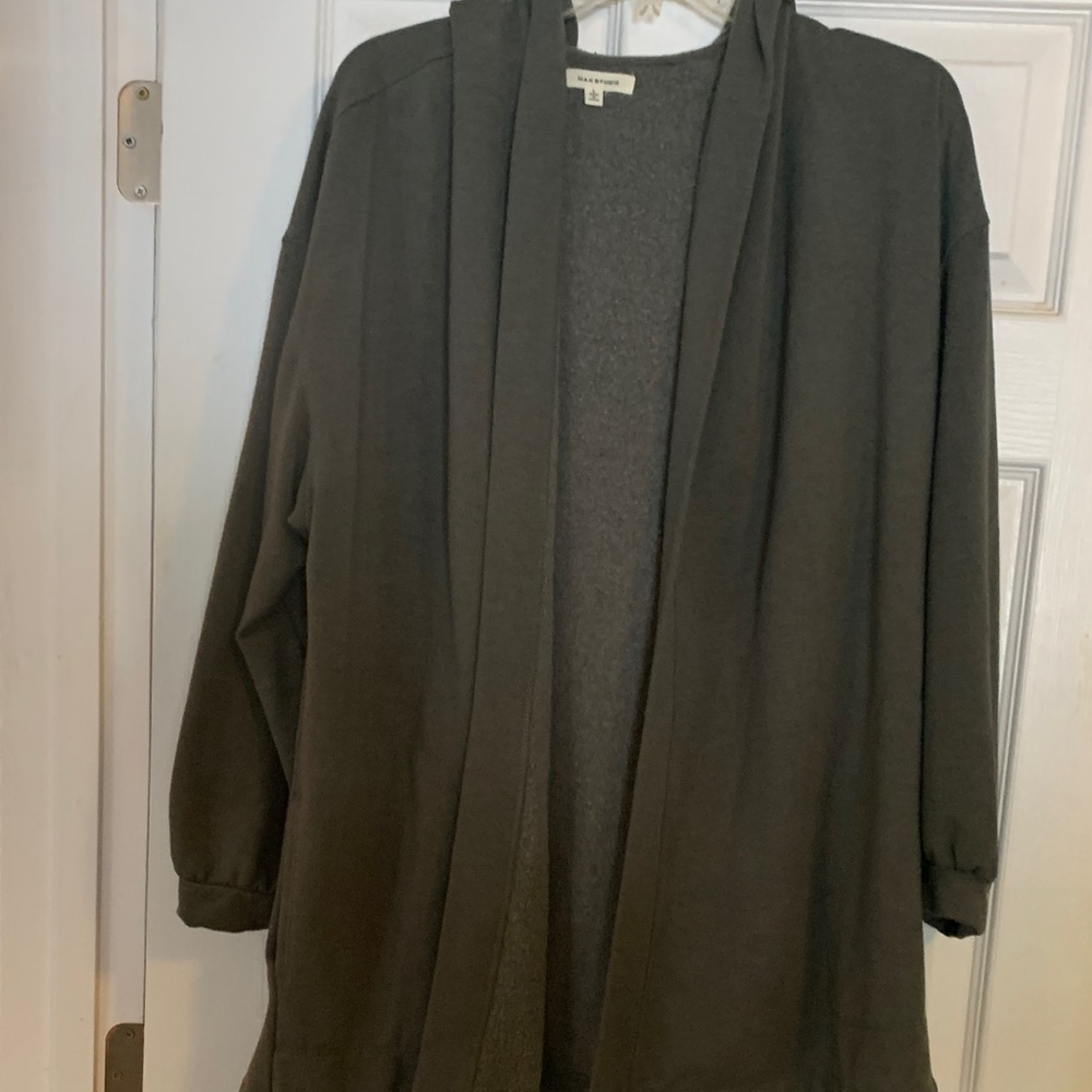 Long Max Studio Dark Green Open Front Cardigan hooded